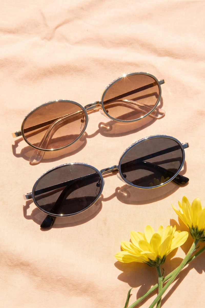 Rhinestone Trim Slim Oval Sunglasses