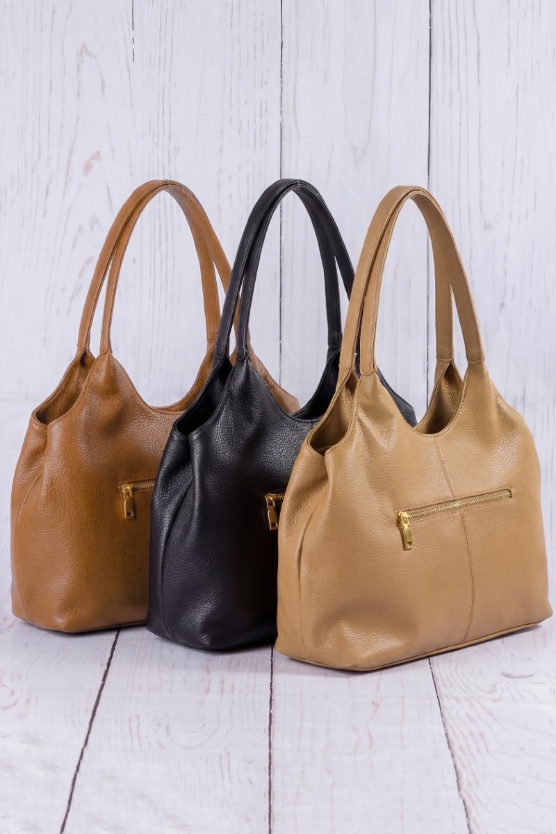 Exterior Zip Pocket Leather Hobo Shoulder Bag