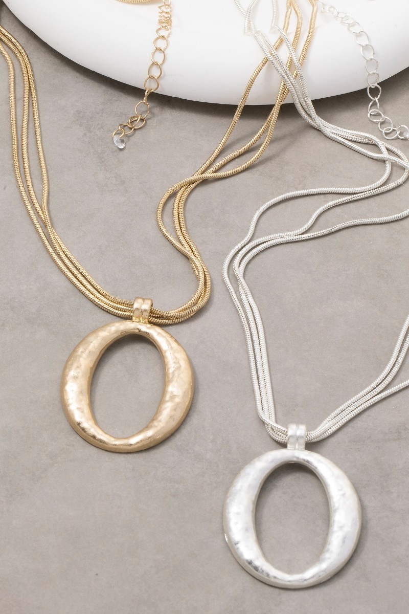 Matte Hammered Gold Oval Pendant Layered Chains Necklace