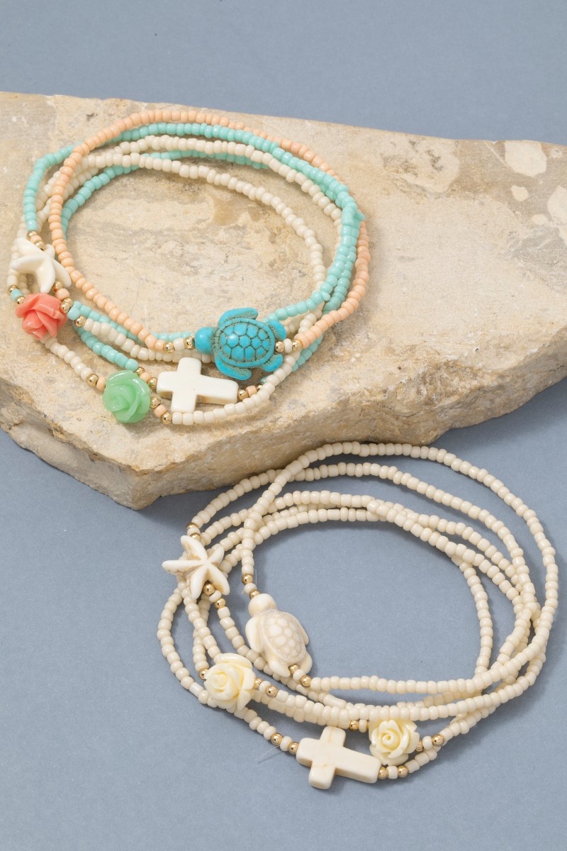 Cross And Sea Life Charms Mixed Beaded Bracelet Set