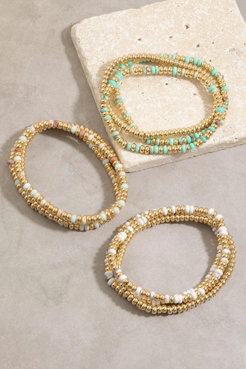Beaded Stone & Gold Stretch Bracelet Set
