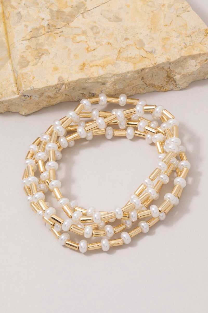 Pearl & Gold Tube Beaded Stretch Bracelet Set