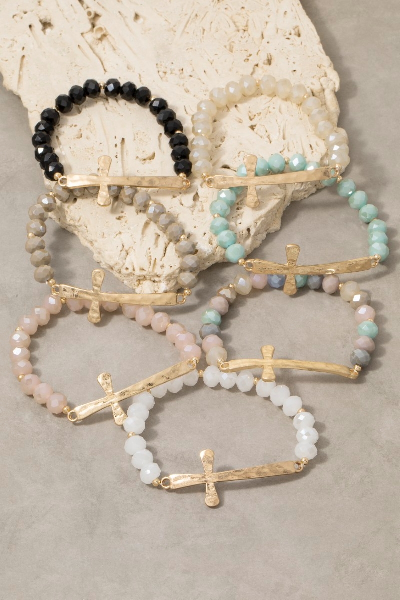 Faceted Crystal Bead Stretch Bracelet With Gold Sideways Cross