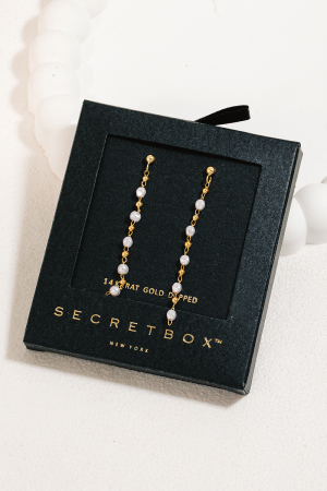 Secret Box Gold Dipped Pearl Beads Station Chain Dangle Earrings