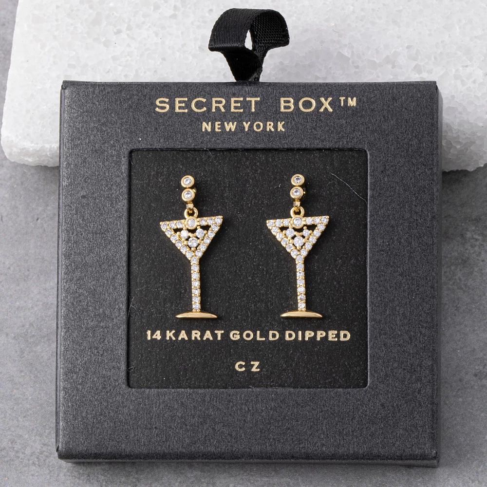 14K Gold Dipped Pave Cz Martini Glass Earrings