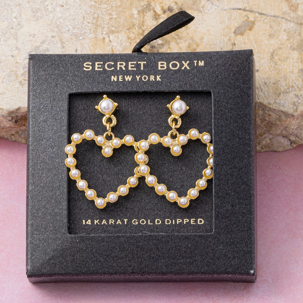 14K Gold Dipped Pearl Outline Heart Drop Earrings
