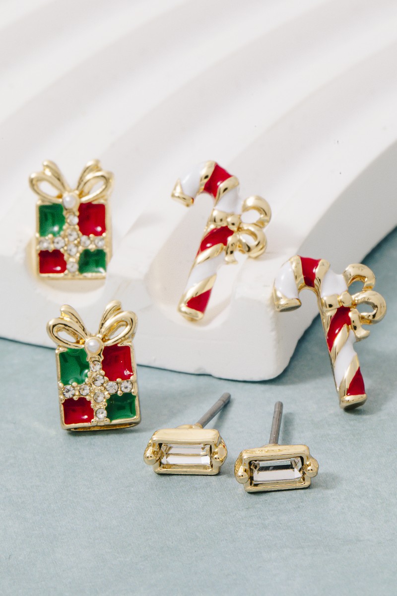 Secret Box Gold Dipped Multi Christmas Theme Stud Earrings Set