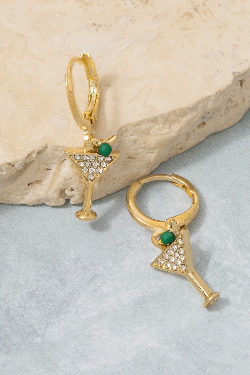 14K Gold Dipped Cz Martini Charm Huggie Earrings