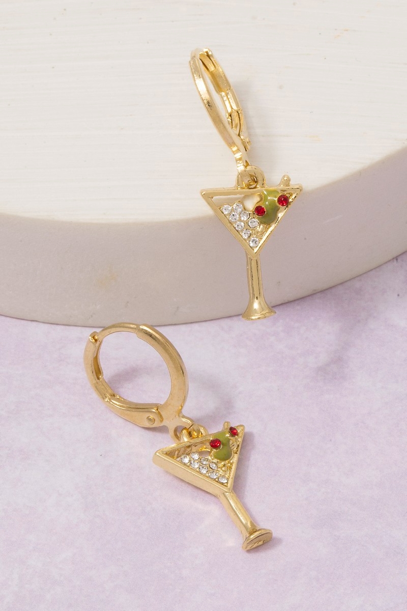 14K Gold Dipped Cz Martini Glass Huggie Earrings