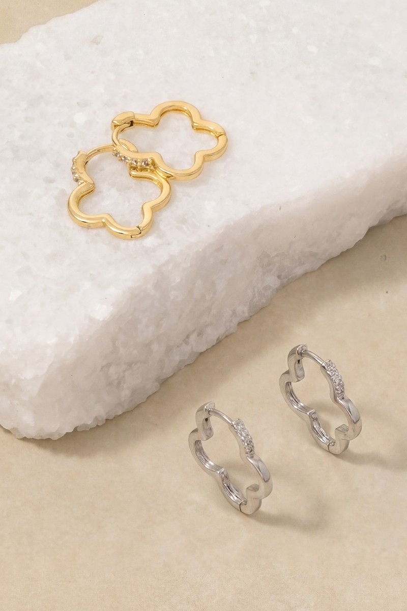 14K Gold Dipped Cz Clover Huggie Earrings