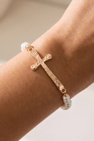 Pearl Beaded Sideways Cross Bracelet