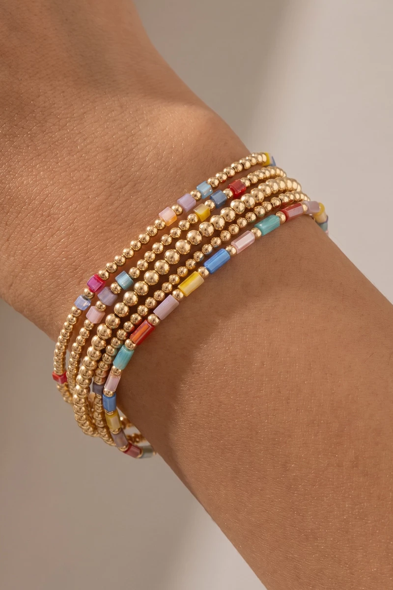 Ball Bead Stretch Bracelet Set With Crystal Accents