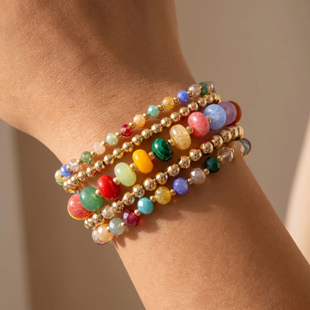 Five Piece Stone And Glass Bead Stretch Bracelet Set