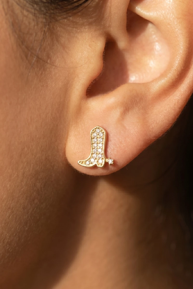 Secret Box Gold Dipped Cz Cowboy Boot Stud Earrings
