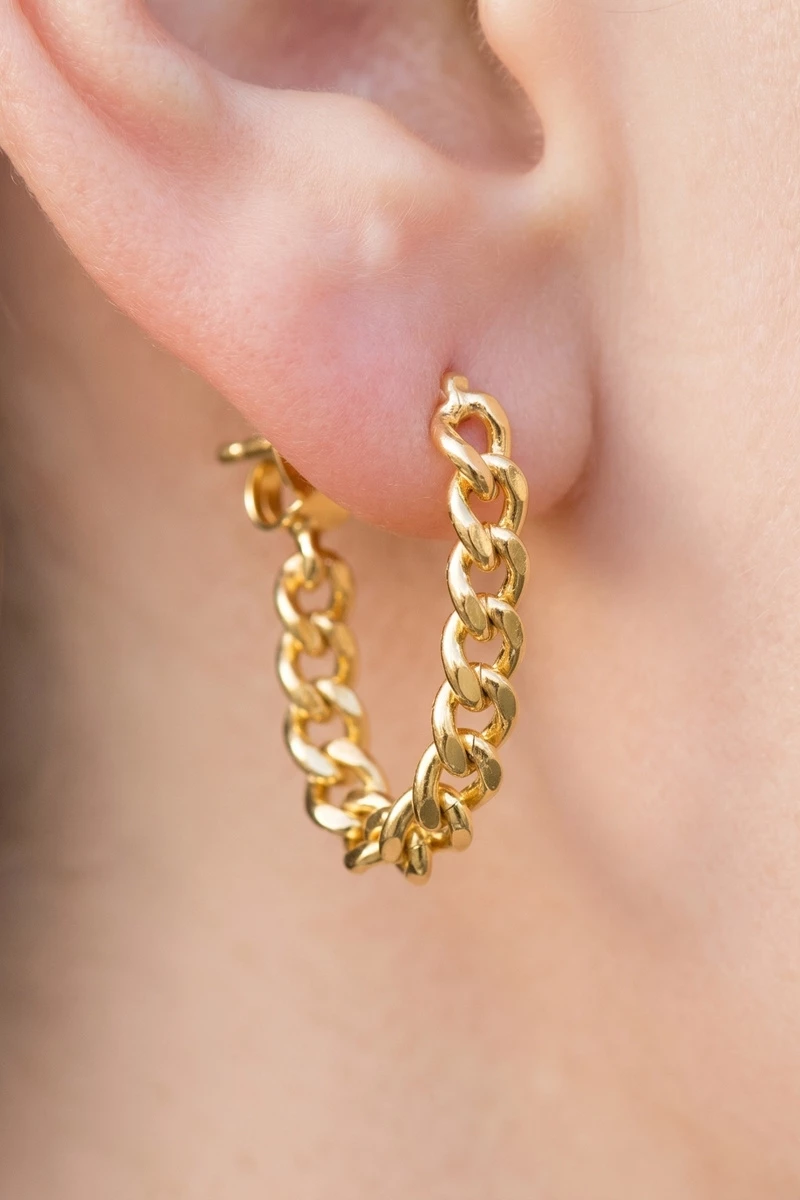 14K Gold Dipped Square Stud Chain Drop Earrings