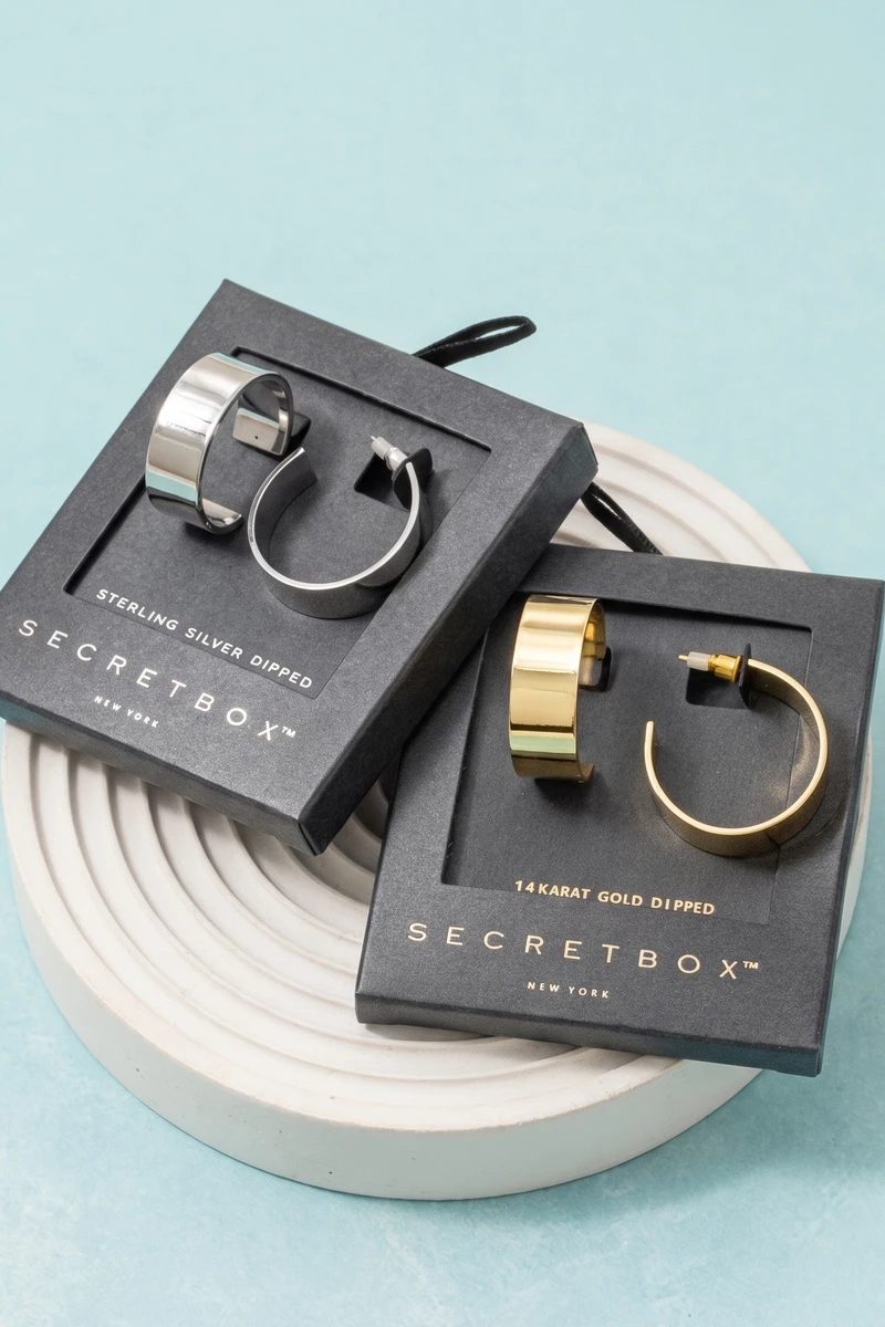 14K Gold Dipped Secret Box Wide Flat Hoop Earrings