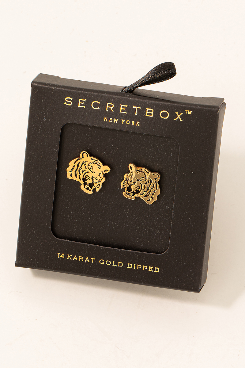 Secret Box Gold Dipped Tiger Head Stud Earrings