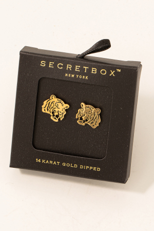Secret Box Gold Dipped Tiger Head Stud Earrings