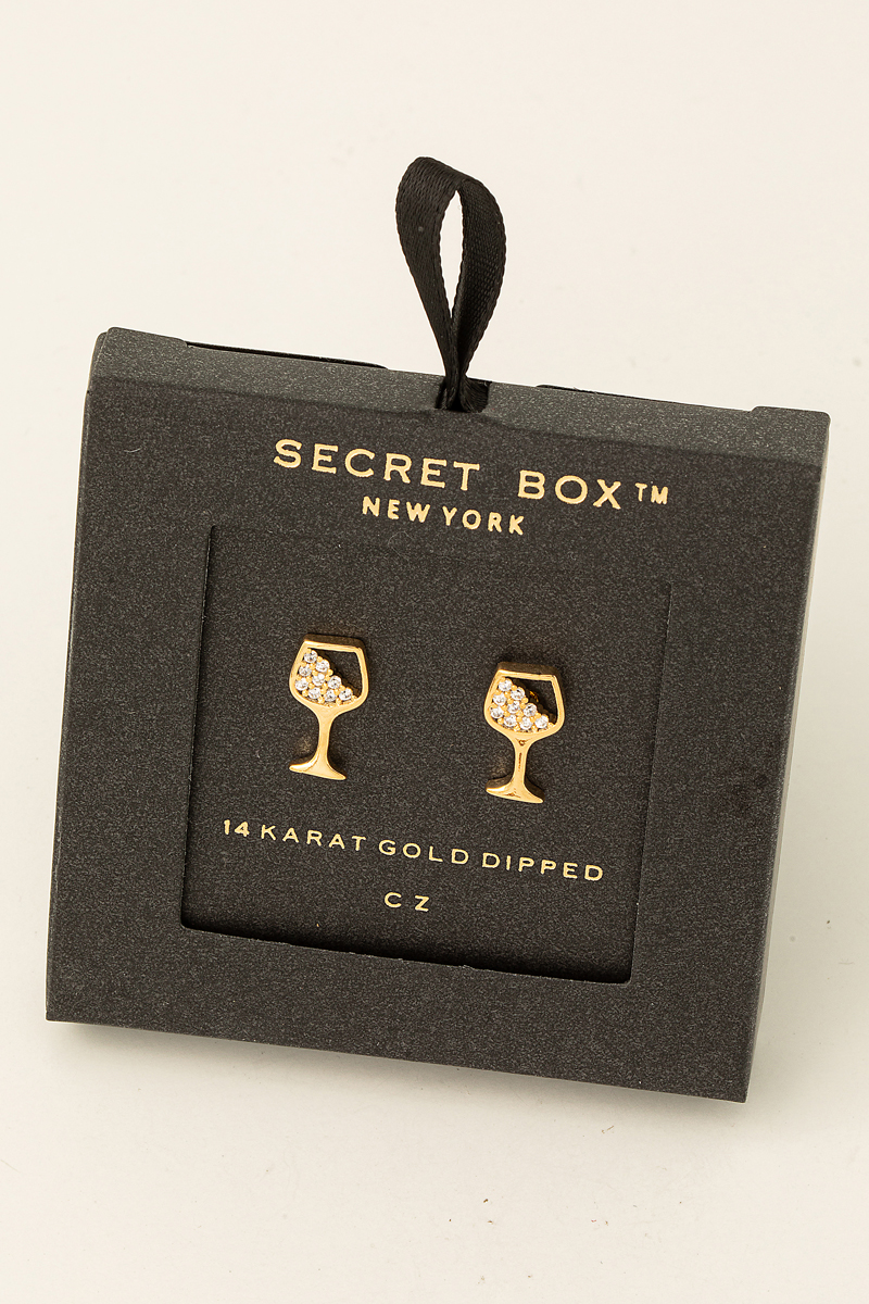 Secret Box Gold Dipped Cz Wine Glass Stud Earrings