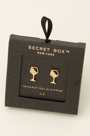 Secret Box Gold Dipped Cz Wine Glass Stud Earrings