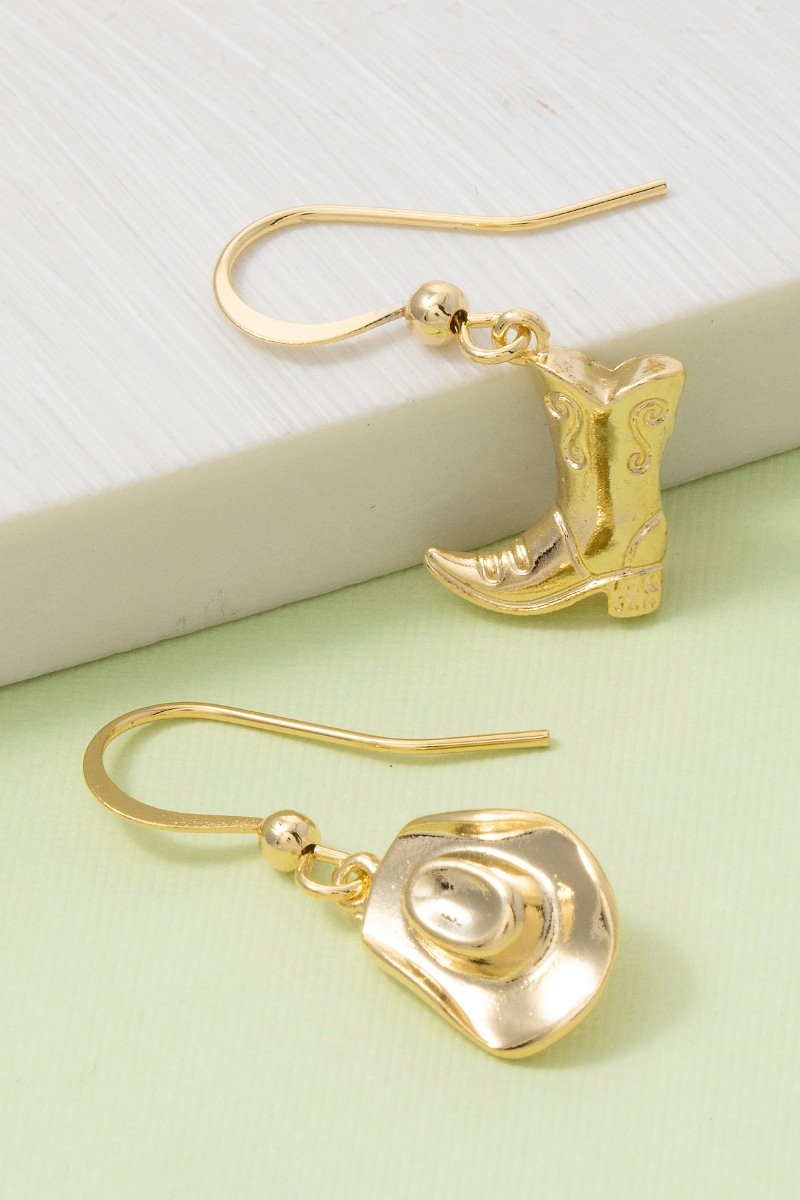 Secret Box Gold Dipped Cowboy Boots And Hat Drop Earrings