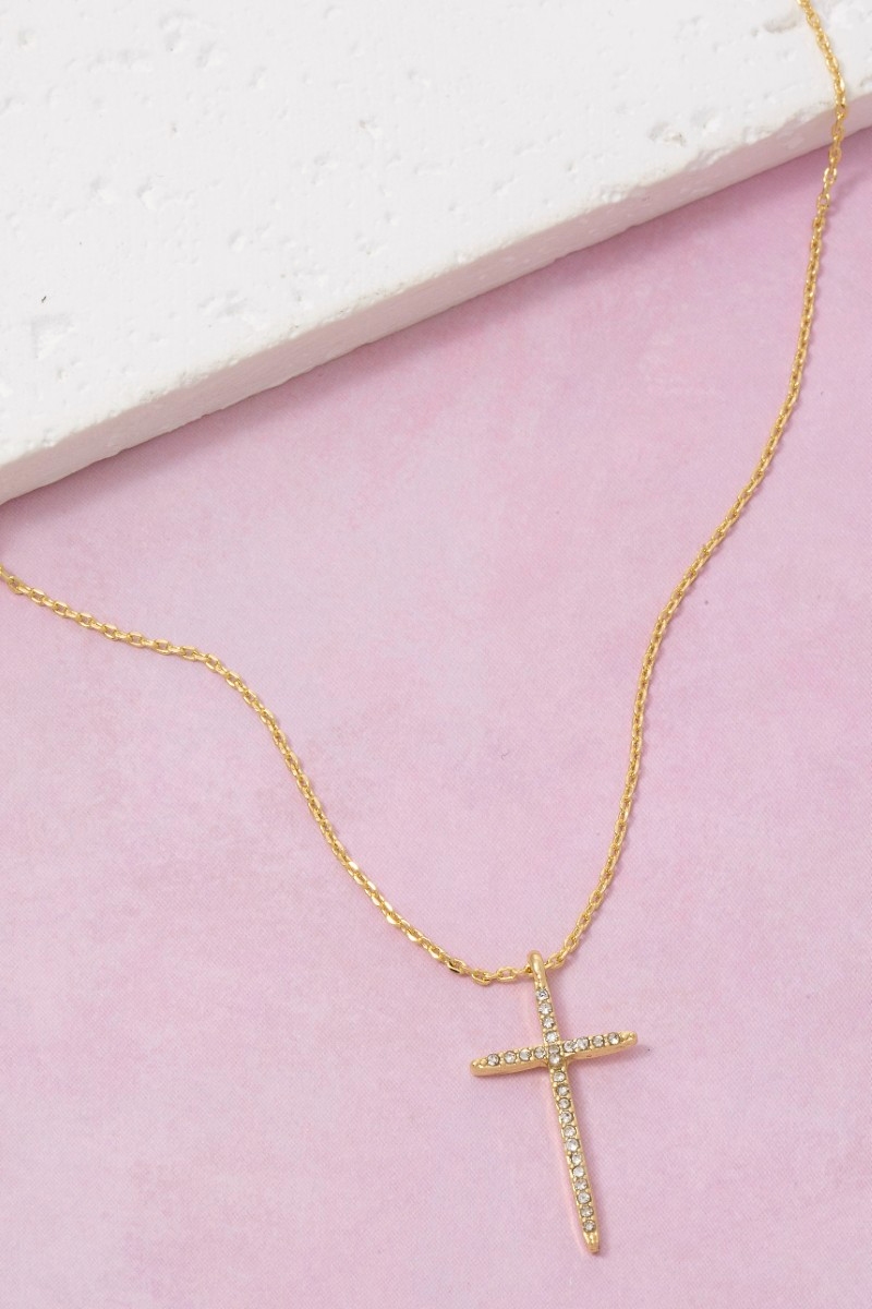 Secret Box Gold Dipped Thin Cz Cross Pendant Necklace