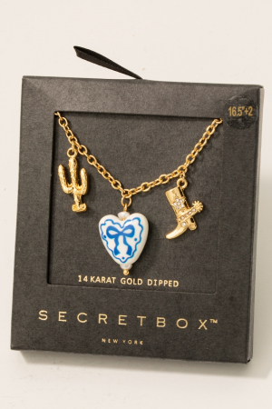 Gold Dipped Ceramic Bow Heart Western Charms Chain Necklace