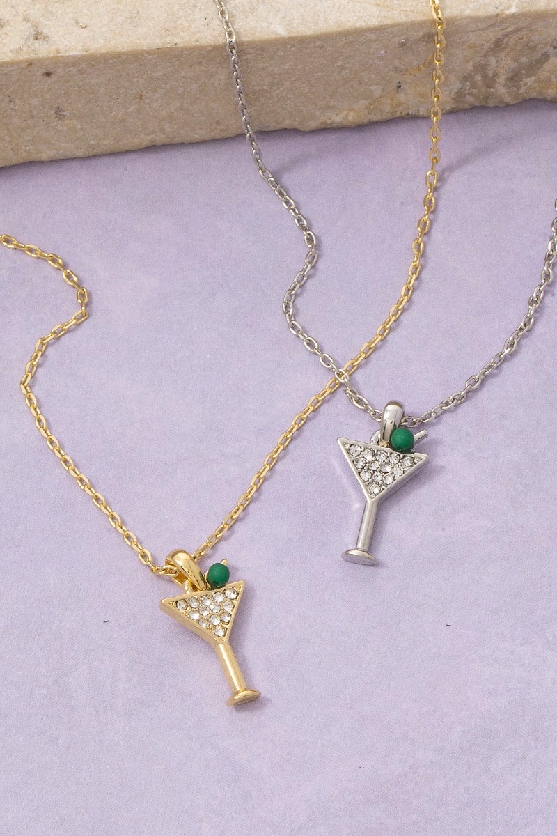 14K Gold Dipped Cz Martini Charm Necklace