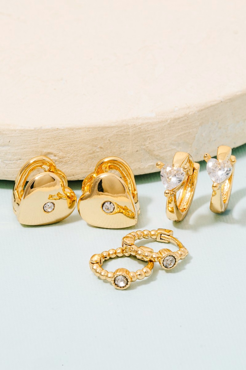 Secret Box Gold Dipped 3 Pair Cz Heart Hoop Earrings Set