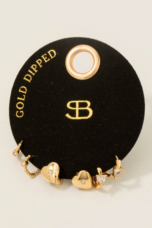 Secret Box Gold Dipped 3 Pair Cz Heart Hoop Earrings Set