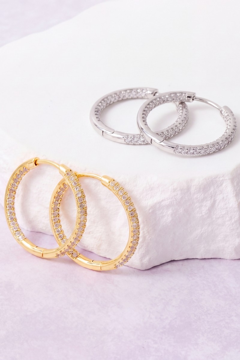 Gold Dipped Cz Textured Tube Hoop Earrings