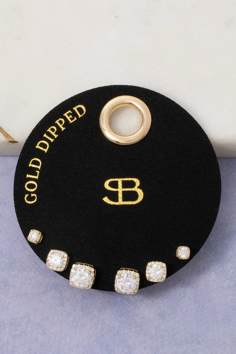 Secret Box Gold Dipped Square Halo Set Stud Earrings Set