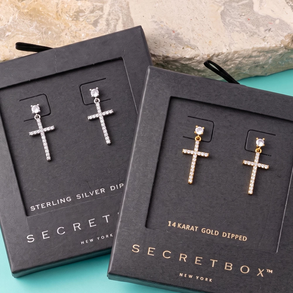 Pave Cz Cross Dangle Drop Earrings