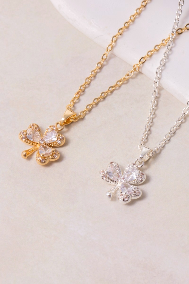 Gold Dipped Cz Shamrock Clover Pendant Necklace
