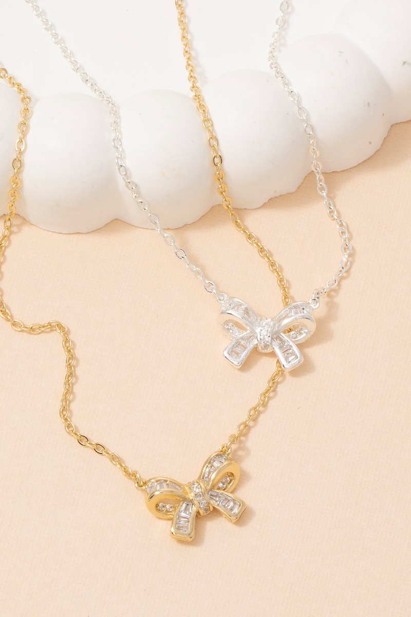 14K Gold Dipped Cz Bow Pendant Necklace