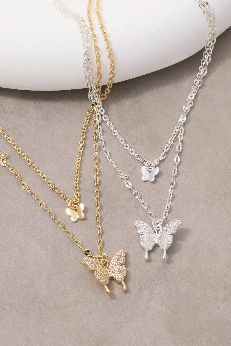 14K Gold Dipped Cz Butterfly Layered Necklace