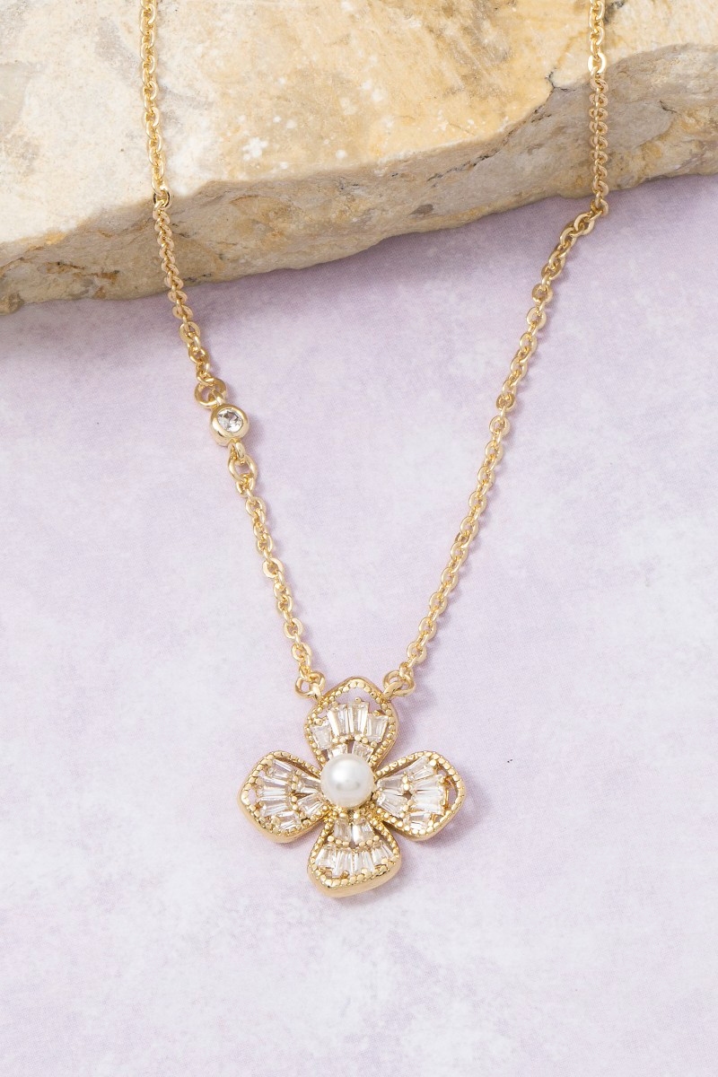 14K Gold Dipped Cz Pearl Flower Necklace