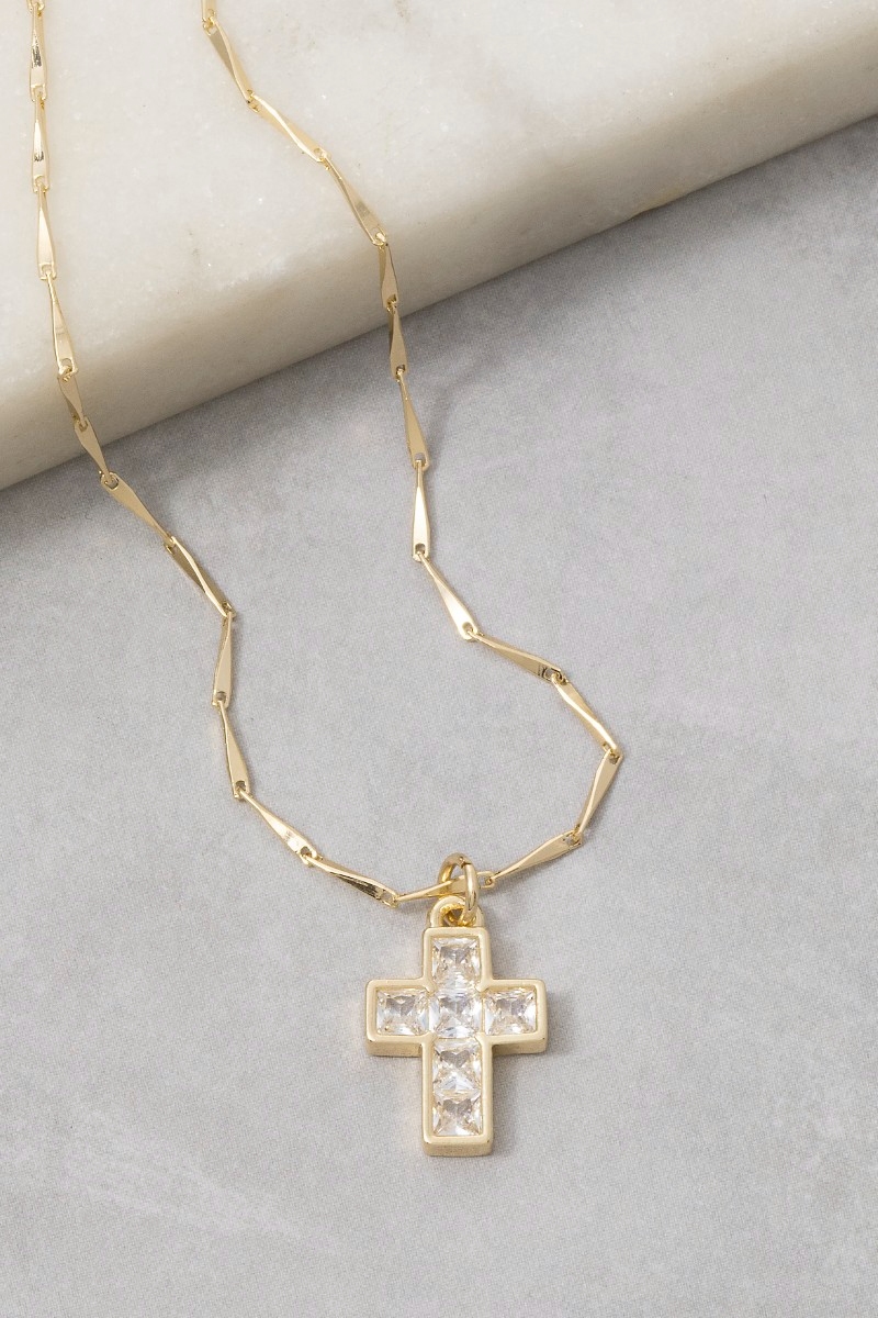 14K Gold Dipped Cz Square Cross Necklace