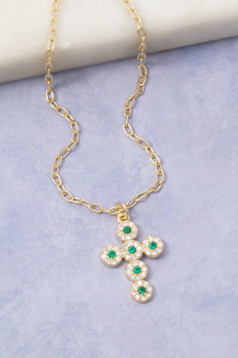 14K Gold Dipped Cz Emerald Cross Necklace