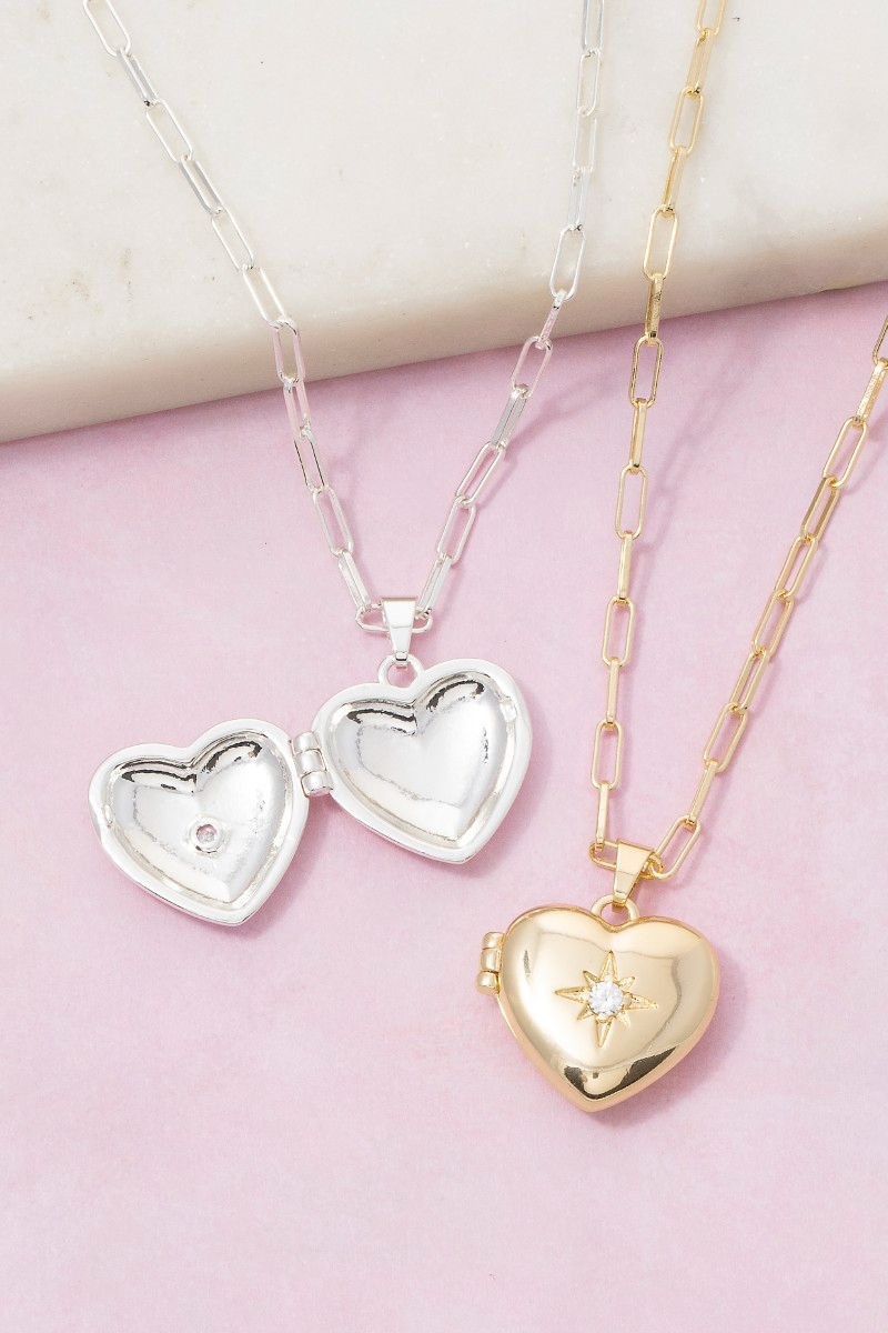 14K Gold Dipped Cz Heart Locket Necklace