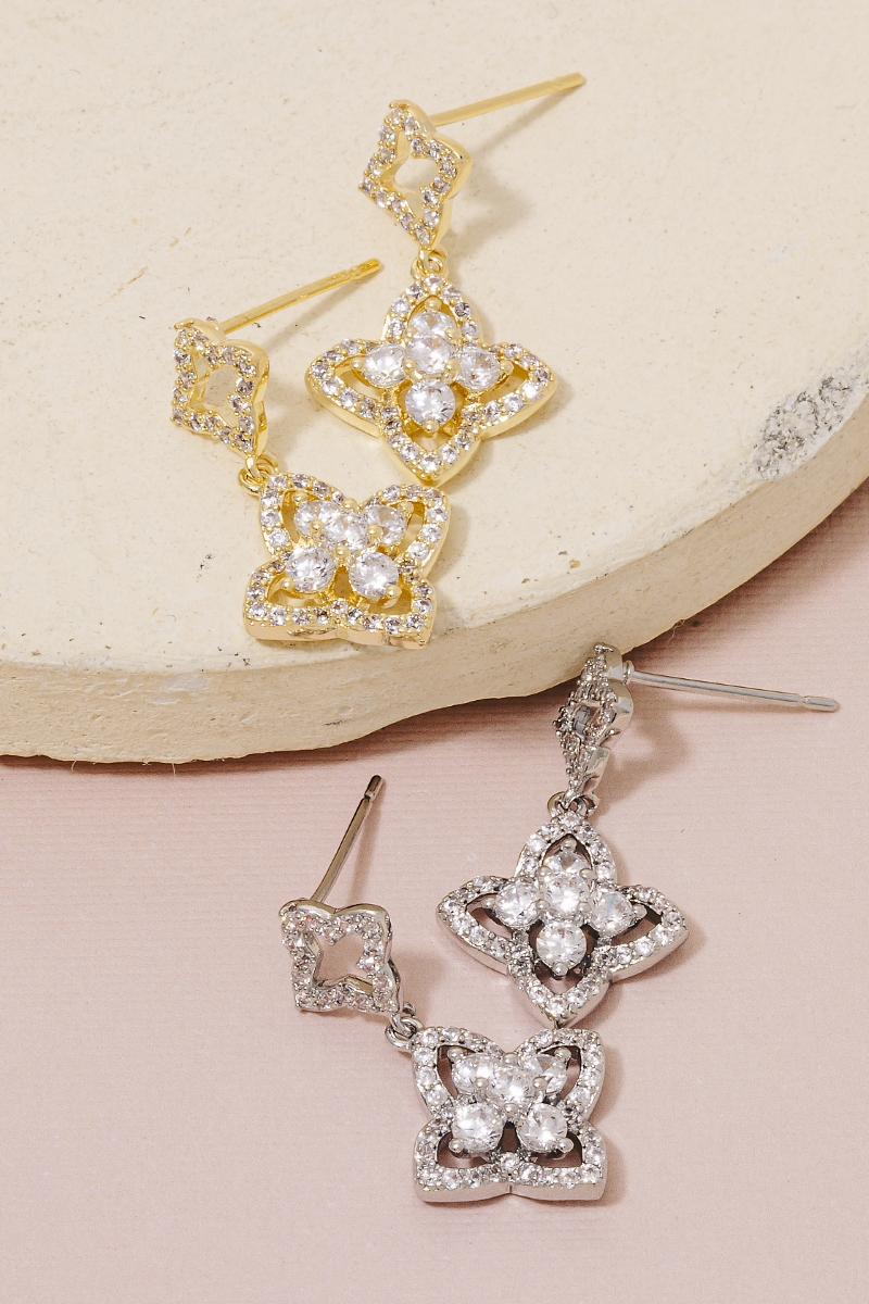 Secret Box Gold Dipped Cz Double Clover Stud Dangle Earrings