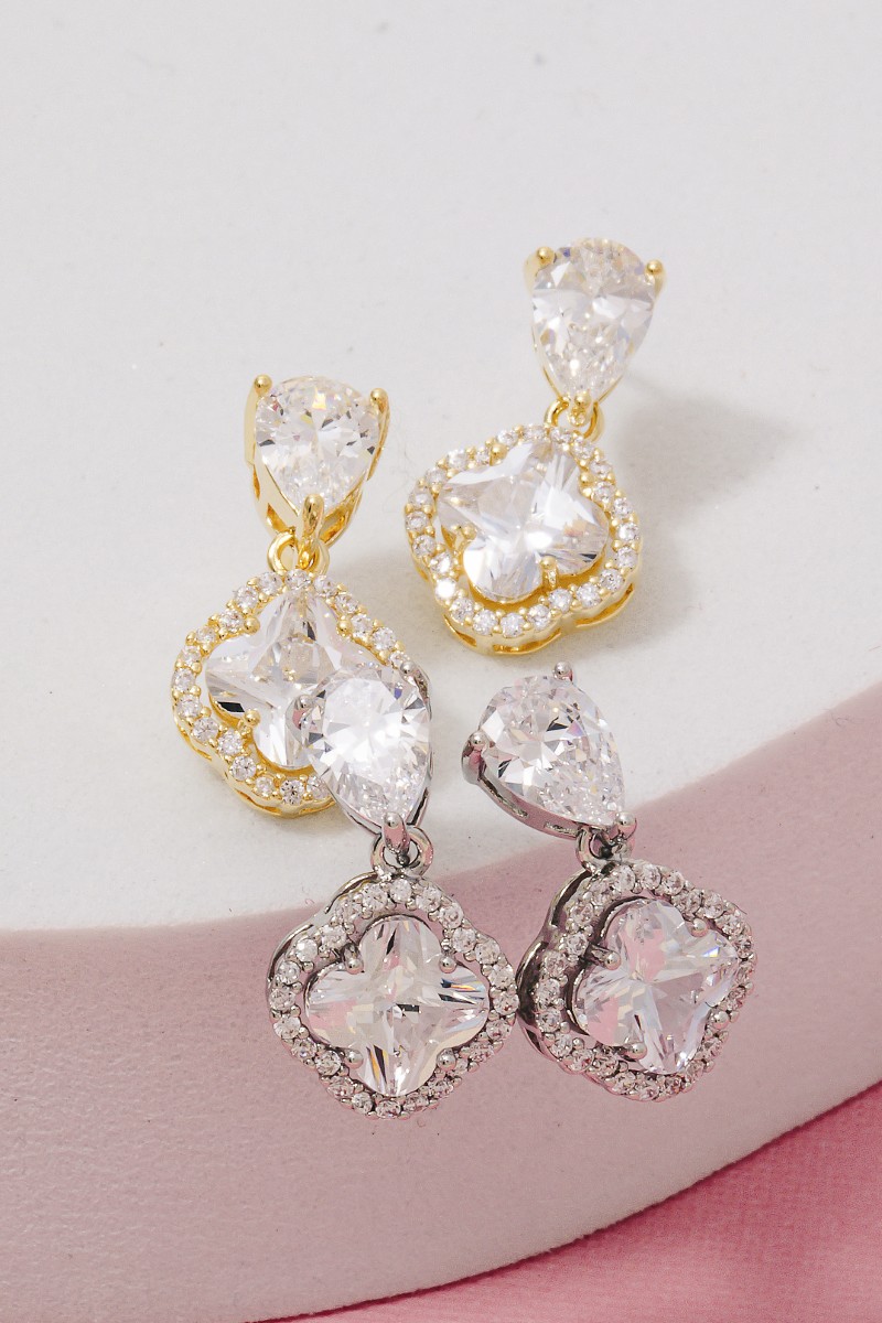 Secret Box Gold Dipped Cz Halo Clover Teardrop Dangle Earrings