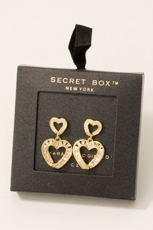 Secret Box Gold Dipped Cz Baguette Double Heart Drop Earrings
