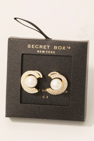 Gold Dipped Cz Pave Crescent And Pearl Stud Earrings