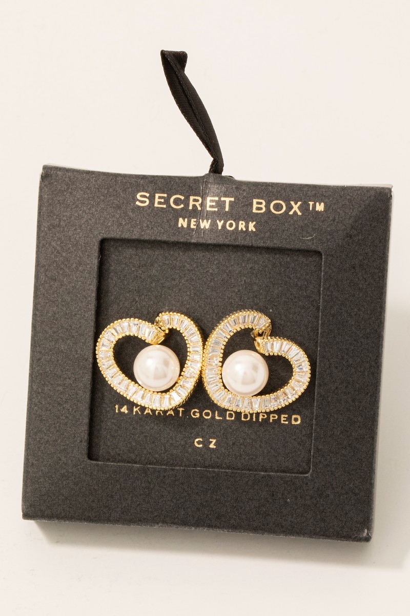 Gold Dipped Cz Pave Heart And Pearl Stud Earrings