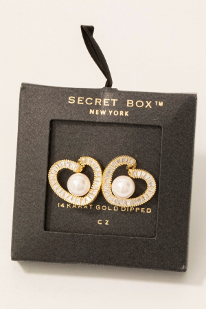 Gold Dipped Cz Pave Heart And Pearl Stud Earrings