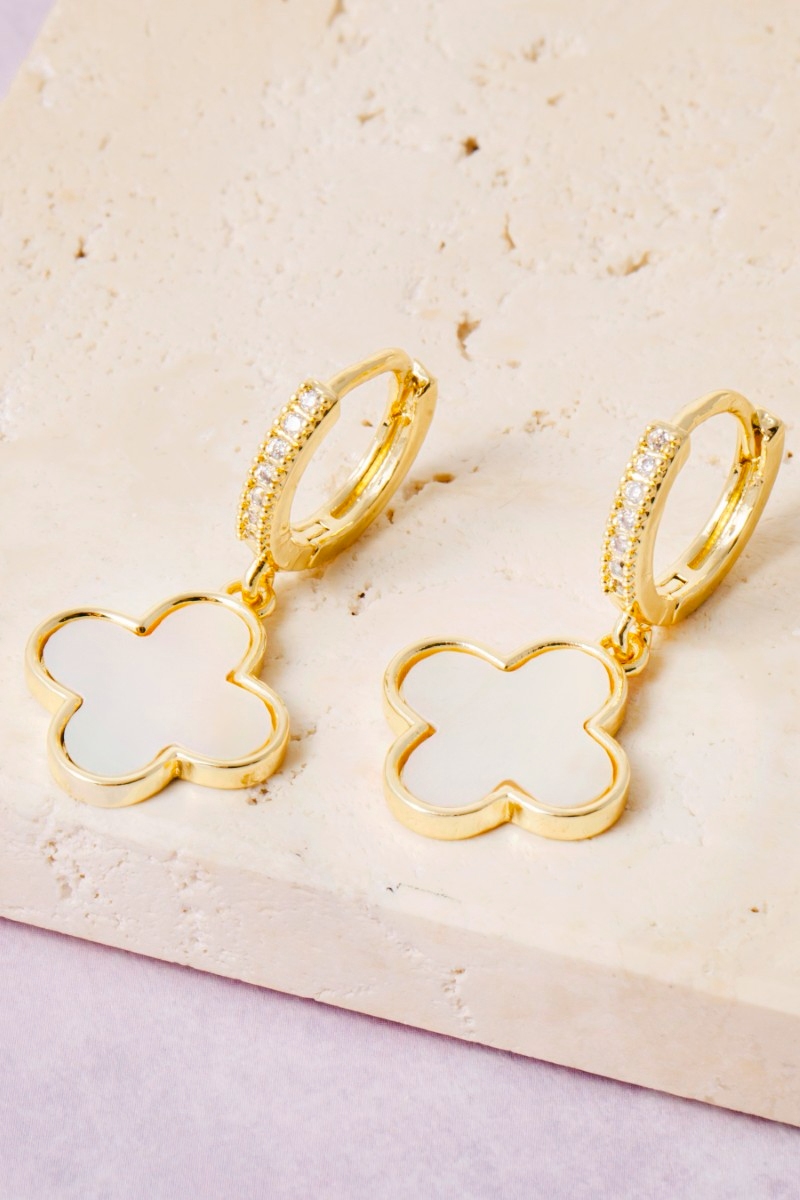 Gold Dipped Mother Of Pearl Quatrefoil Clover Huggie Hoop Earrings