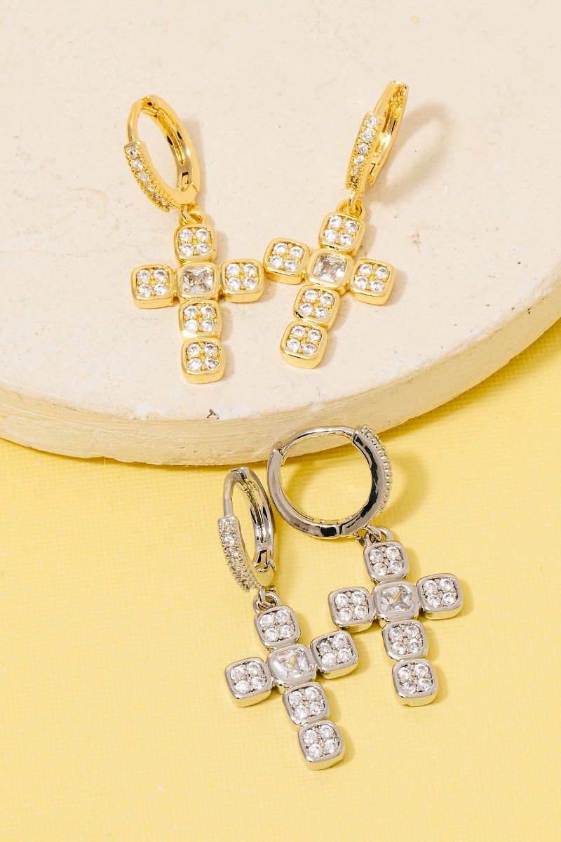 Secret Box Gold Dipped Cz Cross Charm Hoop Earrings