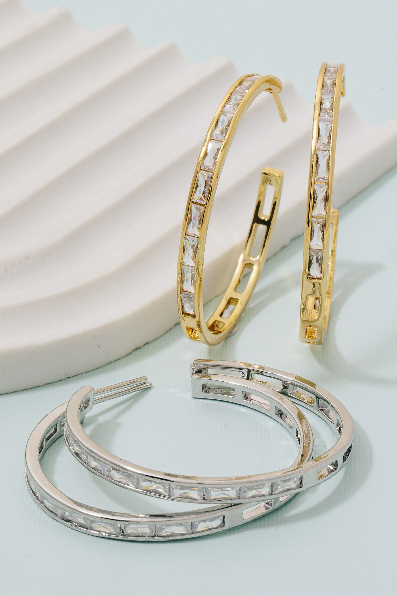 Secret Box Gold Dipped Cz Baguette Pave Hoop Earrings