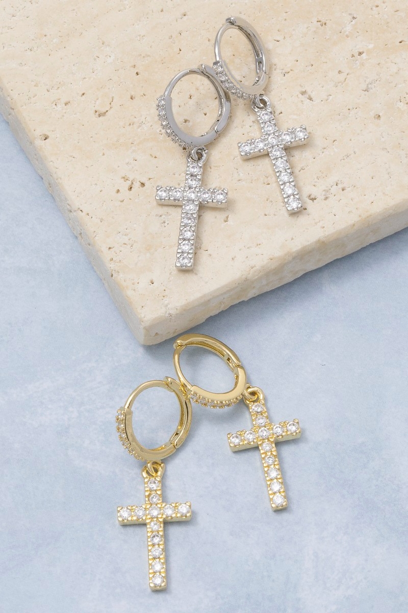 Secret Box Gold Dipped Cz Pave Cross Drop Earrings